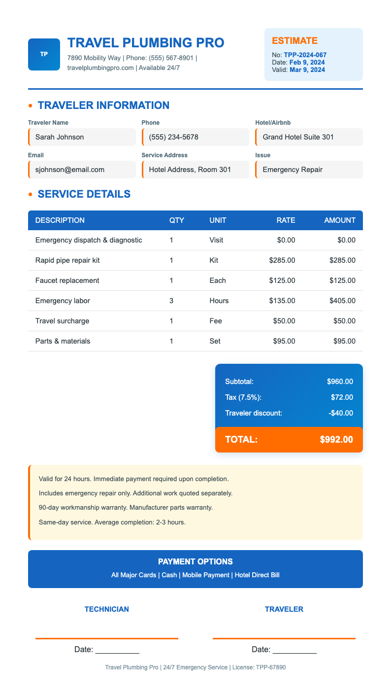 Travel Professional free plumbing estimate form